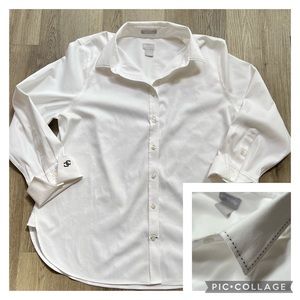CHICOS 2 White Blue Stitch Cotton Wrinkle Resist Collared Button Front Shirt 12